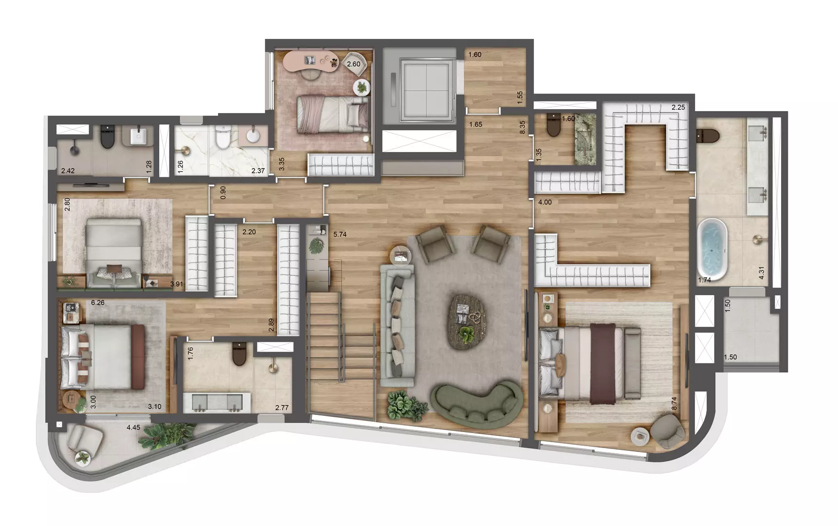 Planta duplex 337m² 4 suites Pav. inferior