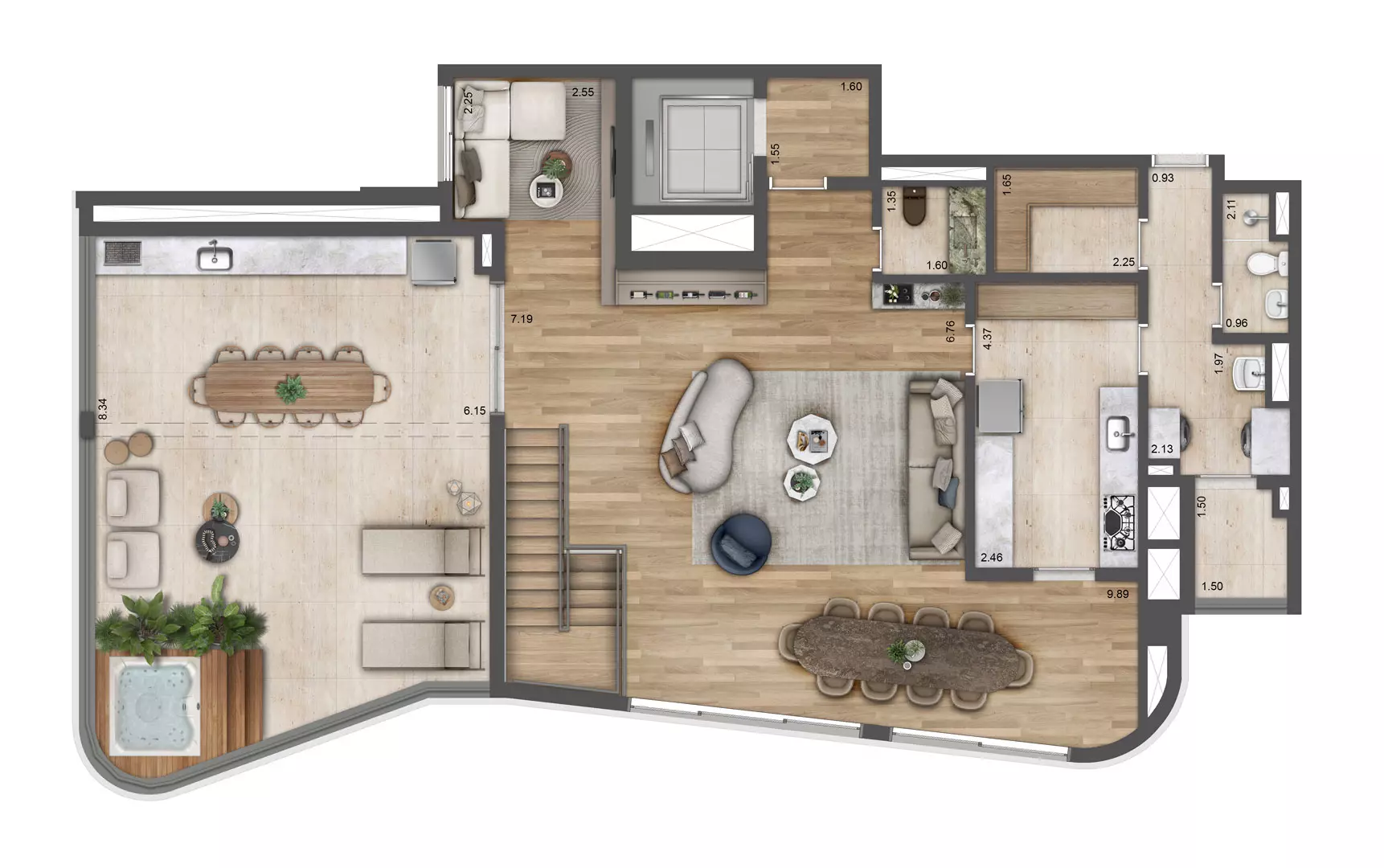 Planta duplex 337m² 4 suites Pav. superior