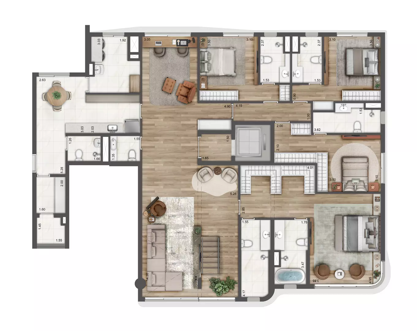 Planta tipo 486m² 4 suites Pav. inferior