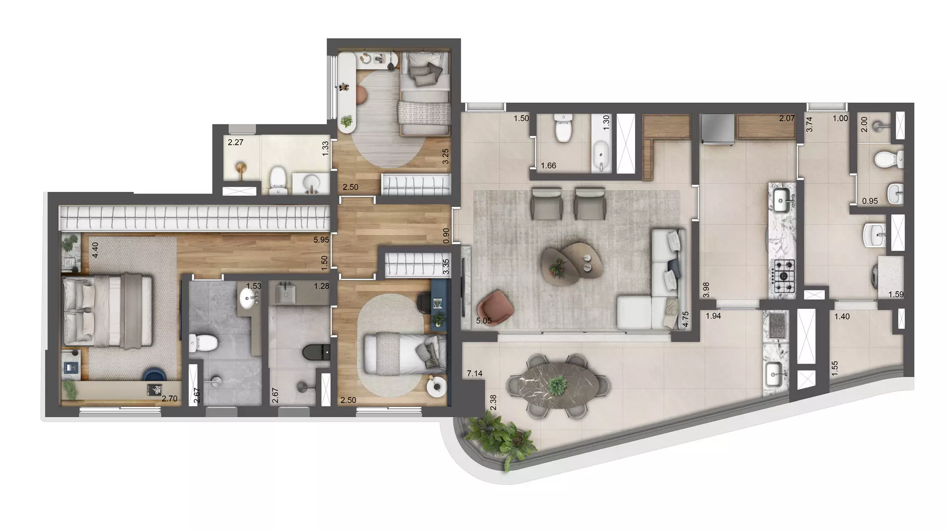 Planta tipo 130m² 3 suites