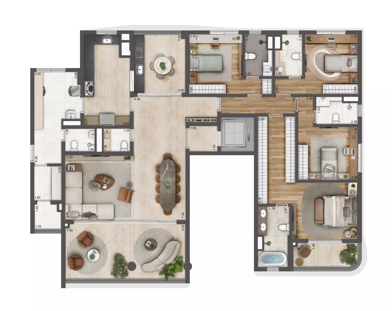 Planta tipo 240m² 4 suites