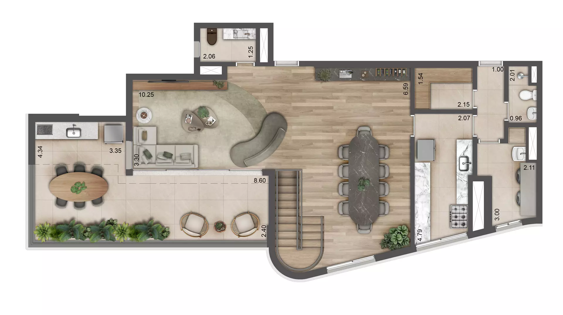 Planta duplex 255m² 4 suites Pav. superior