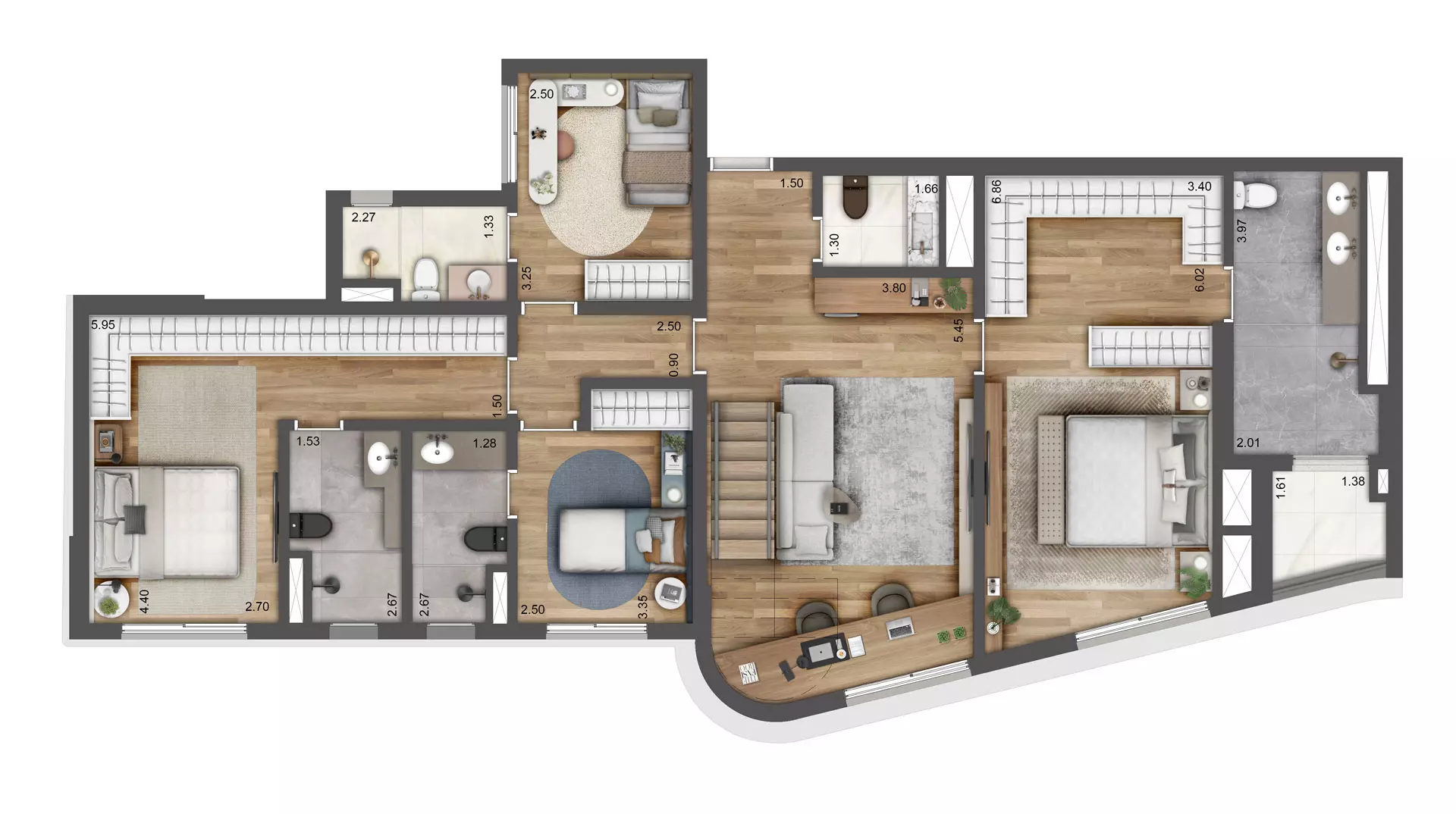 Planta duplex 255m² 4 suites Pav. inferior