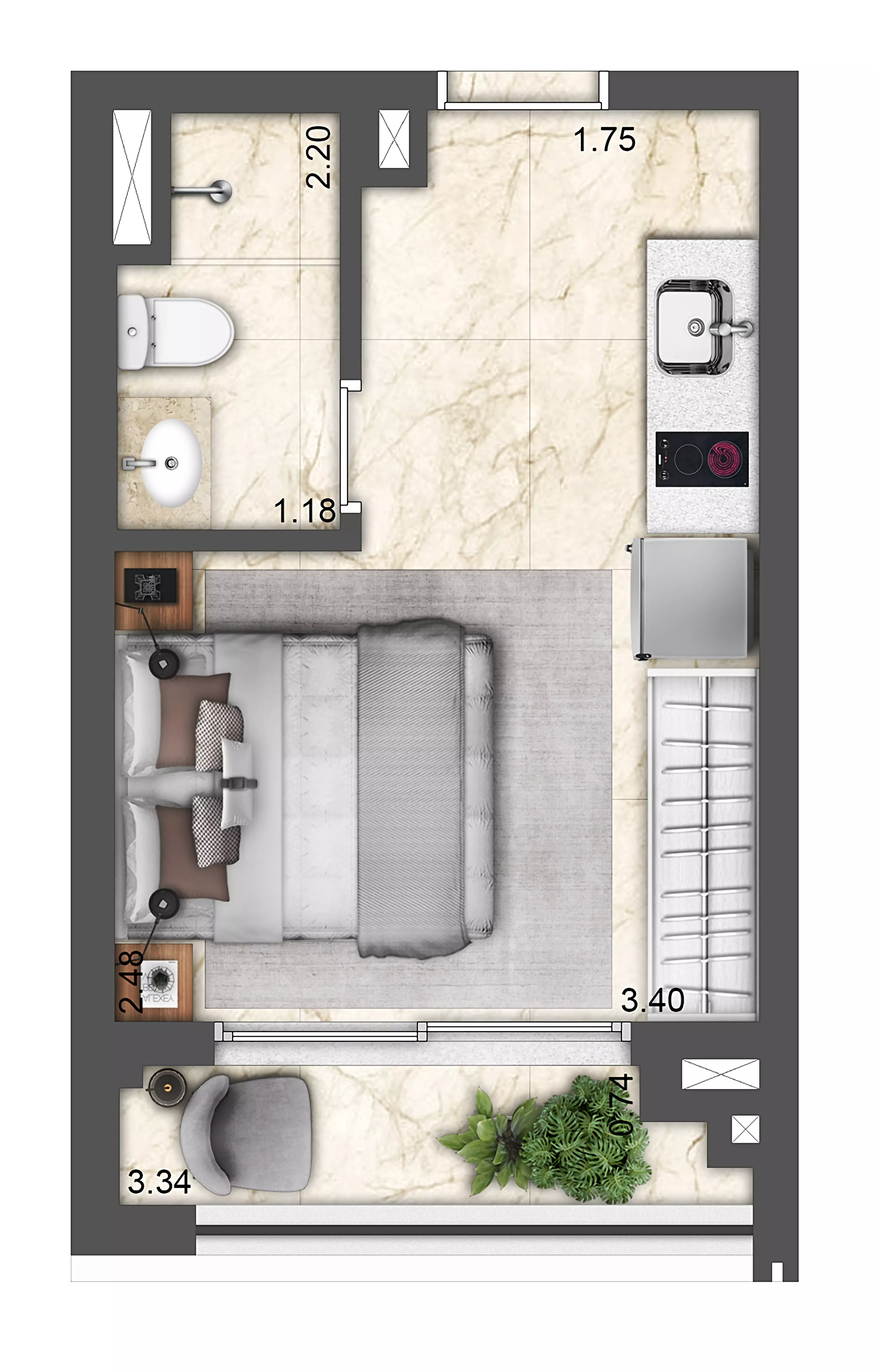 Planta tipo studio 22m²