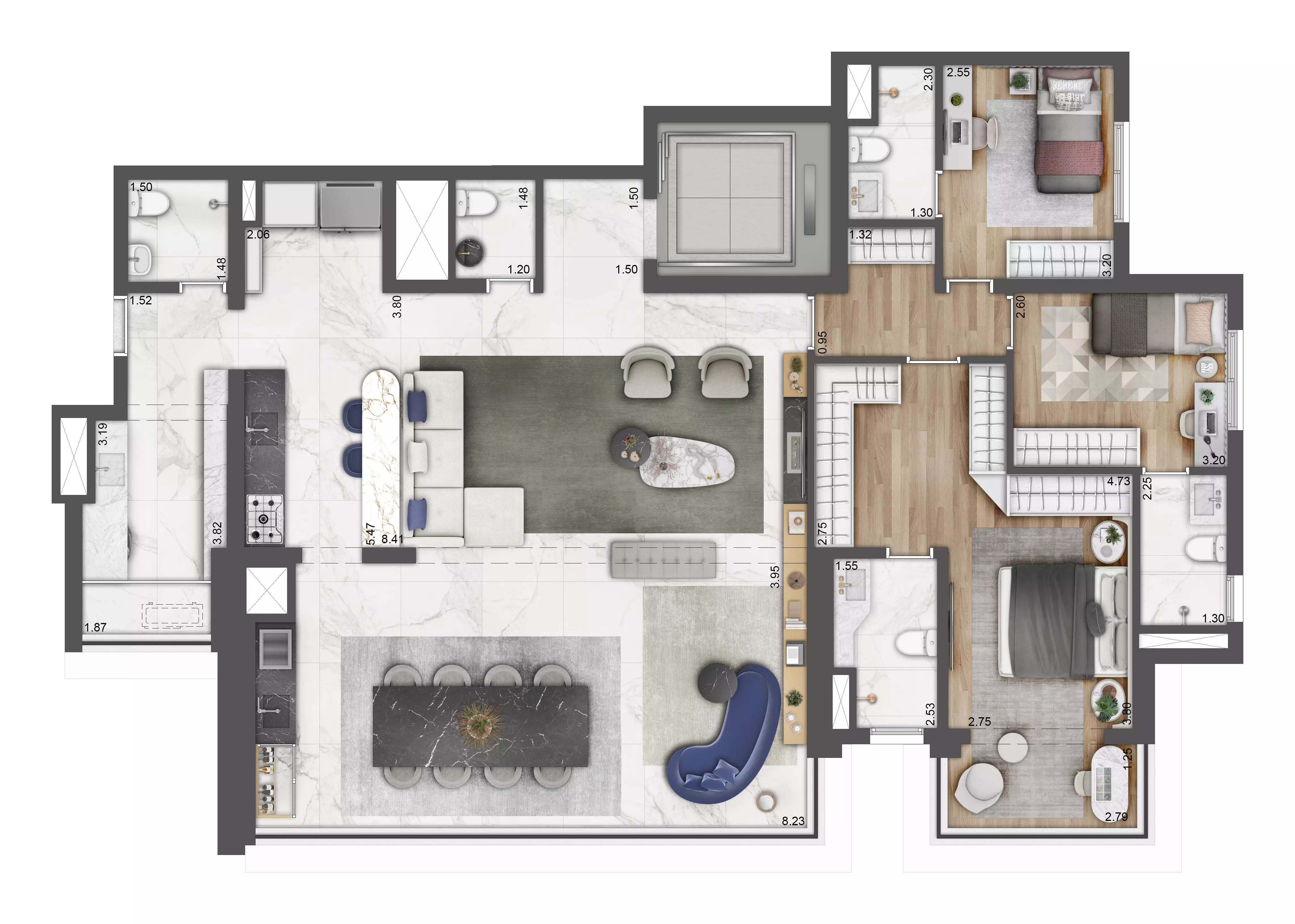 Planta tipo 159m² - 4 dorms 2 suites