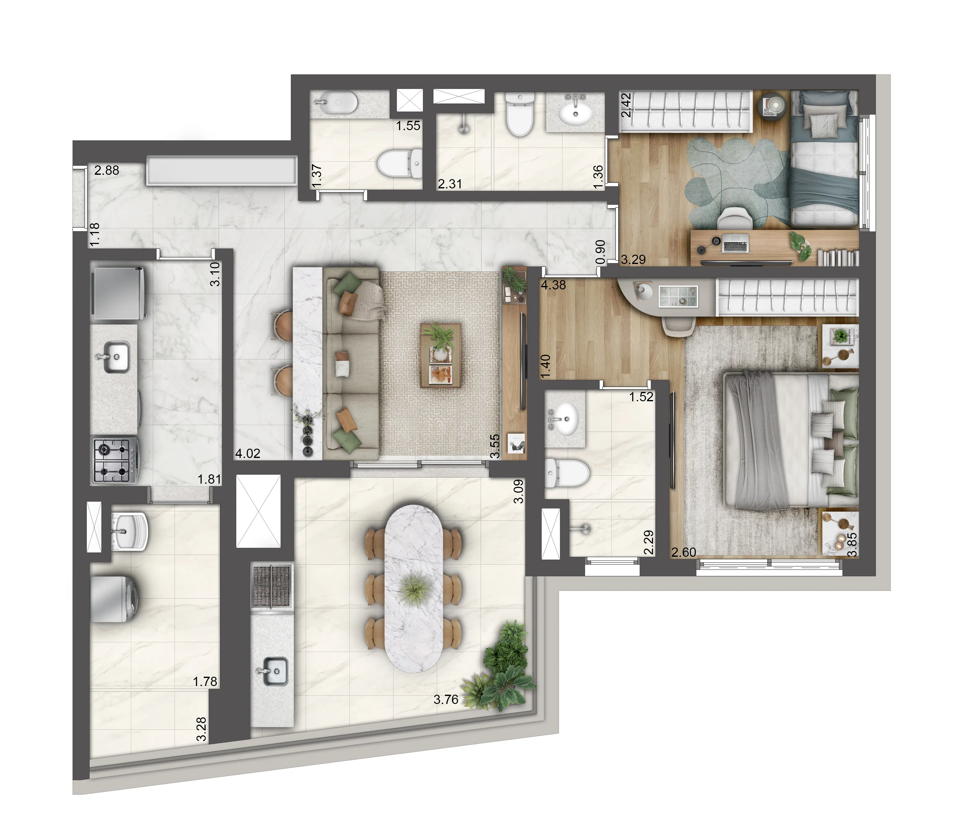 Planta tipo 85m² - 2 suites