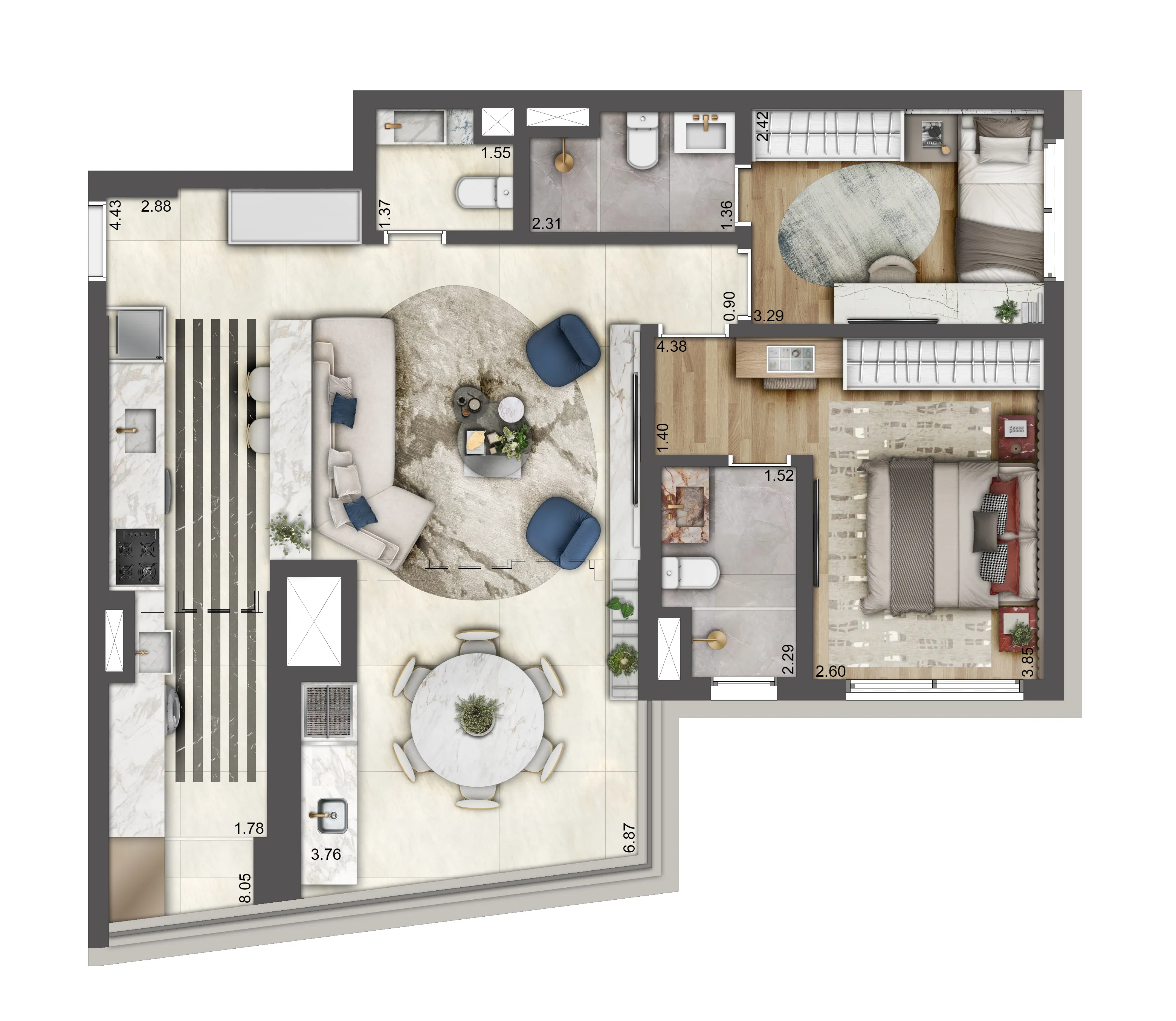 Planta opção 85m² - 2 suites