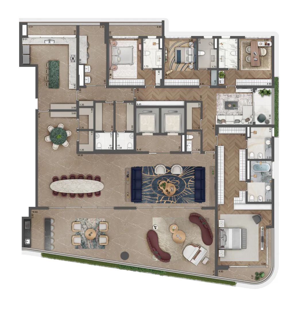 Planta 4 suítes — 493 m²