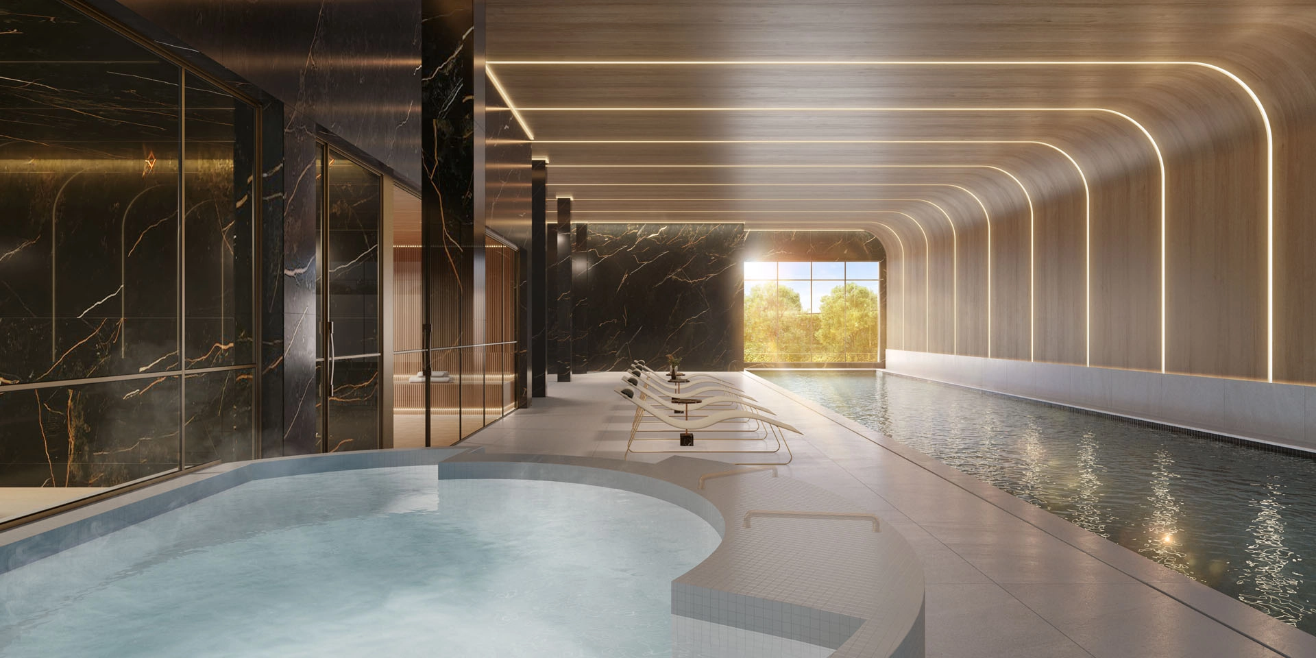 Perspectiva ilustrada do Spa da Piscina coberta — Soleil Residences