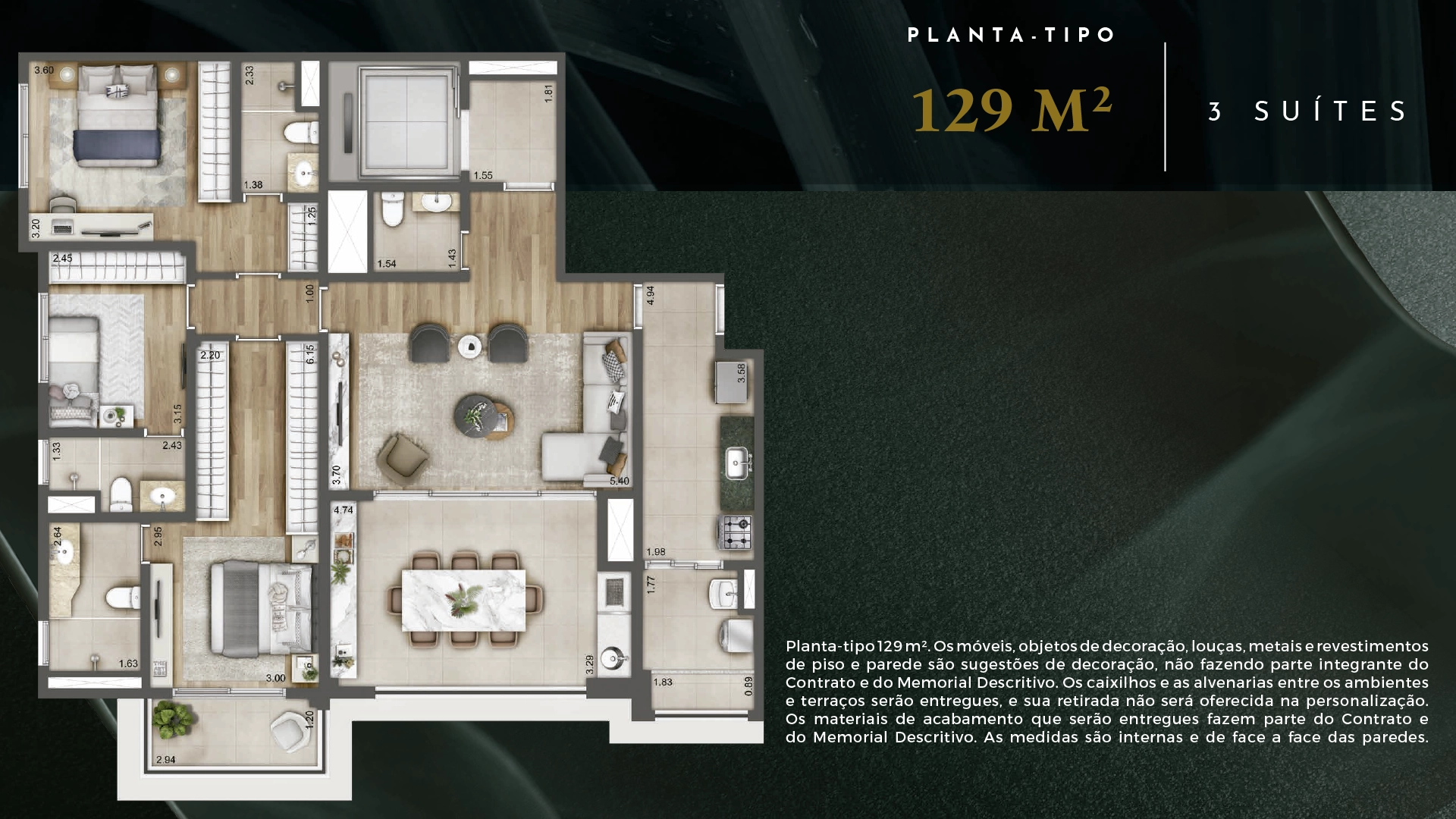 Planta tipo de 129 m² - 3 suítes