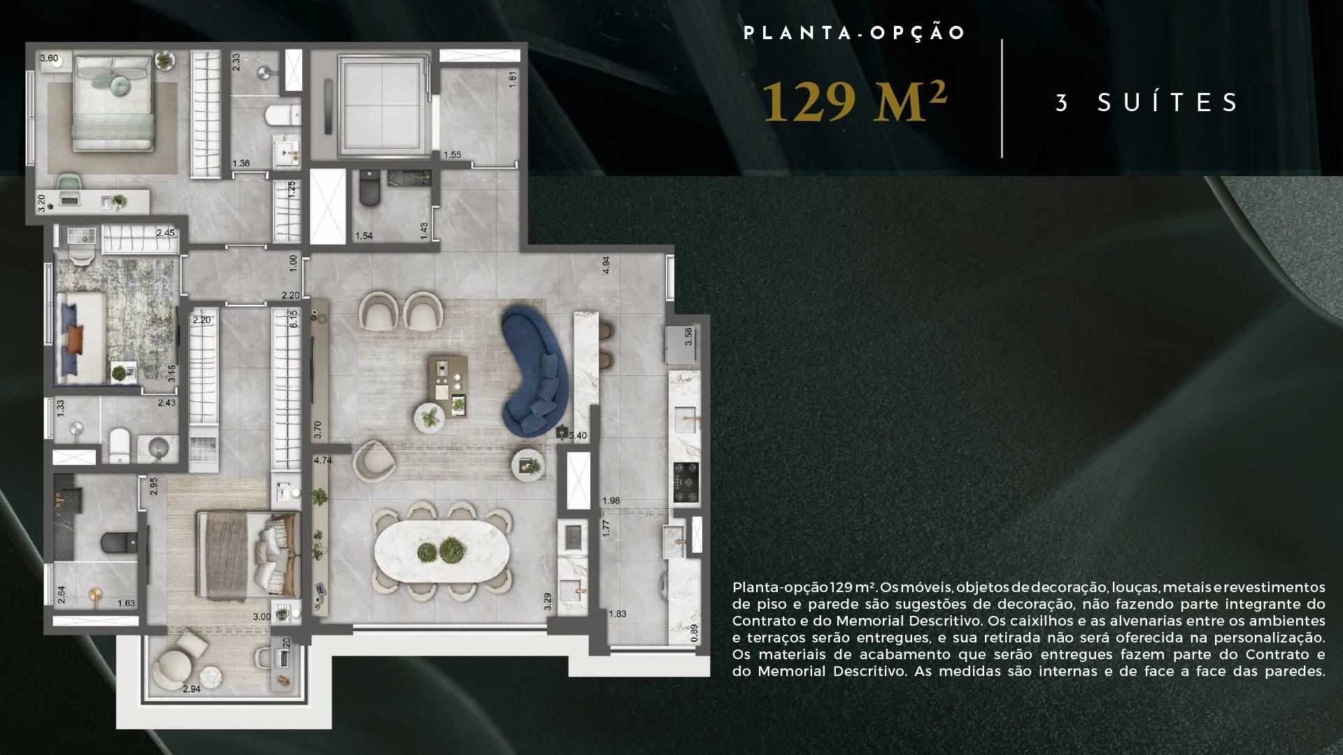 Planta opção de 129 m² - 3 suítes