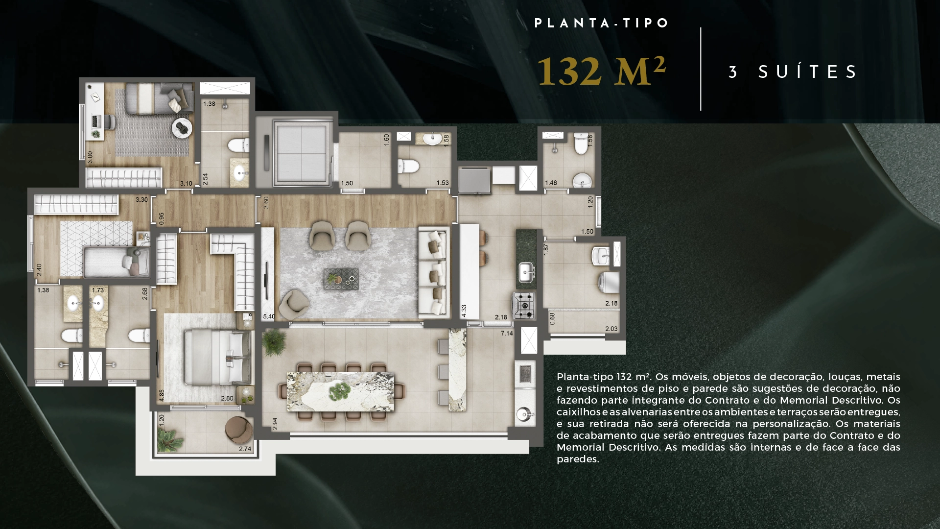 Planta tipo de 132 m² - 3 suítes