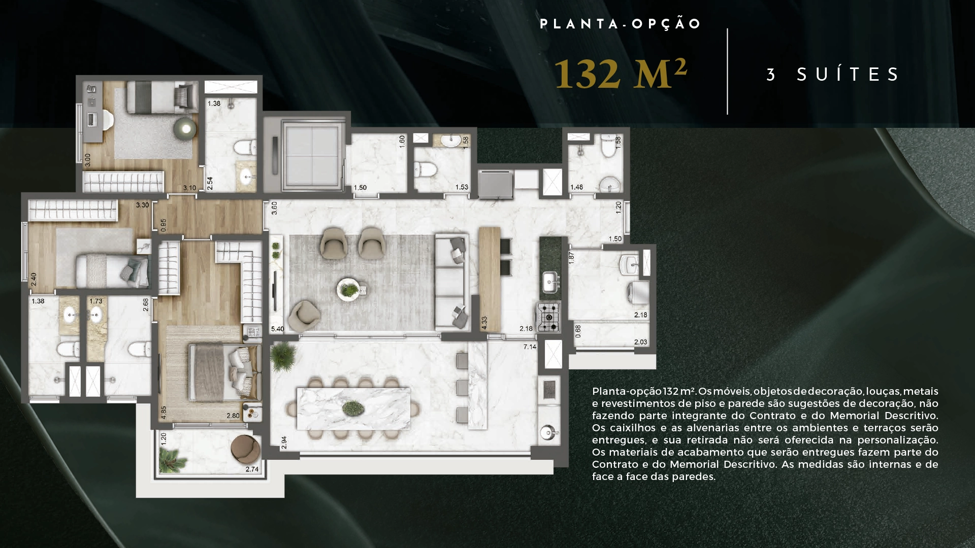 Planta opção de 132 m² - 3 suítes