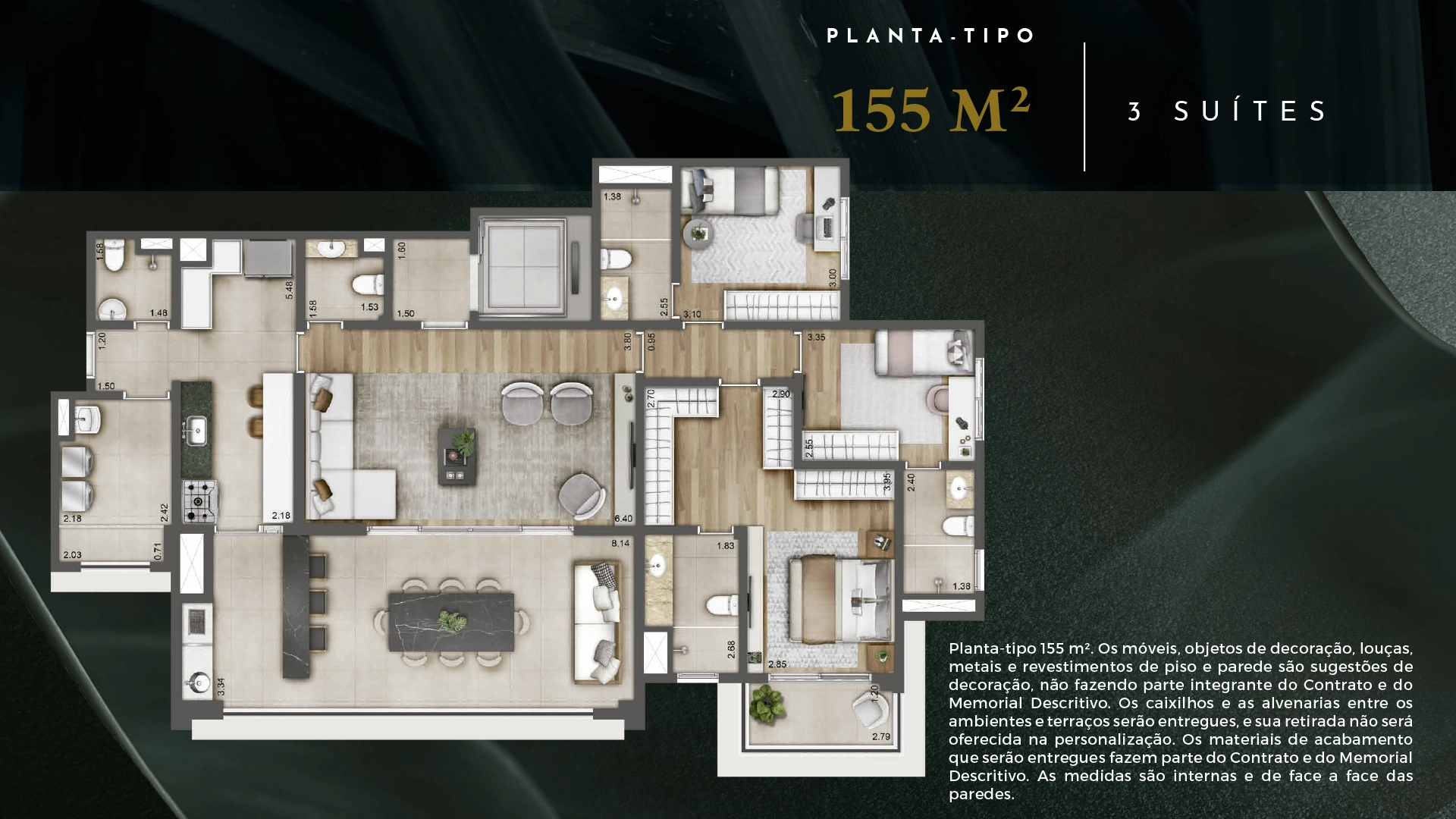Planta tipo de 155 m² - 3 suítes