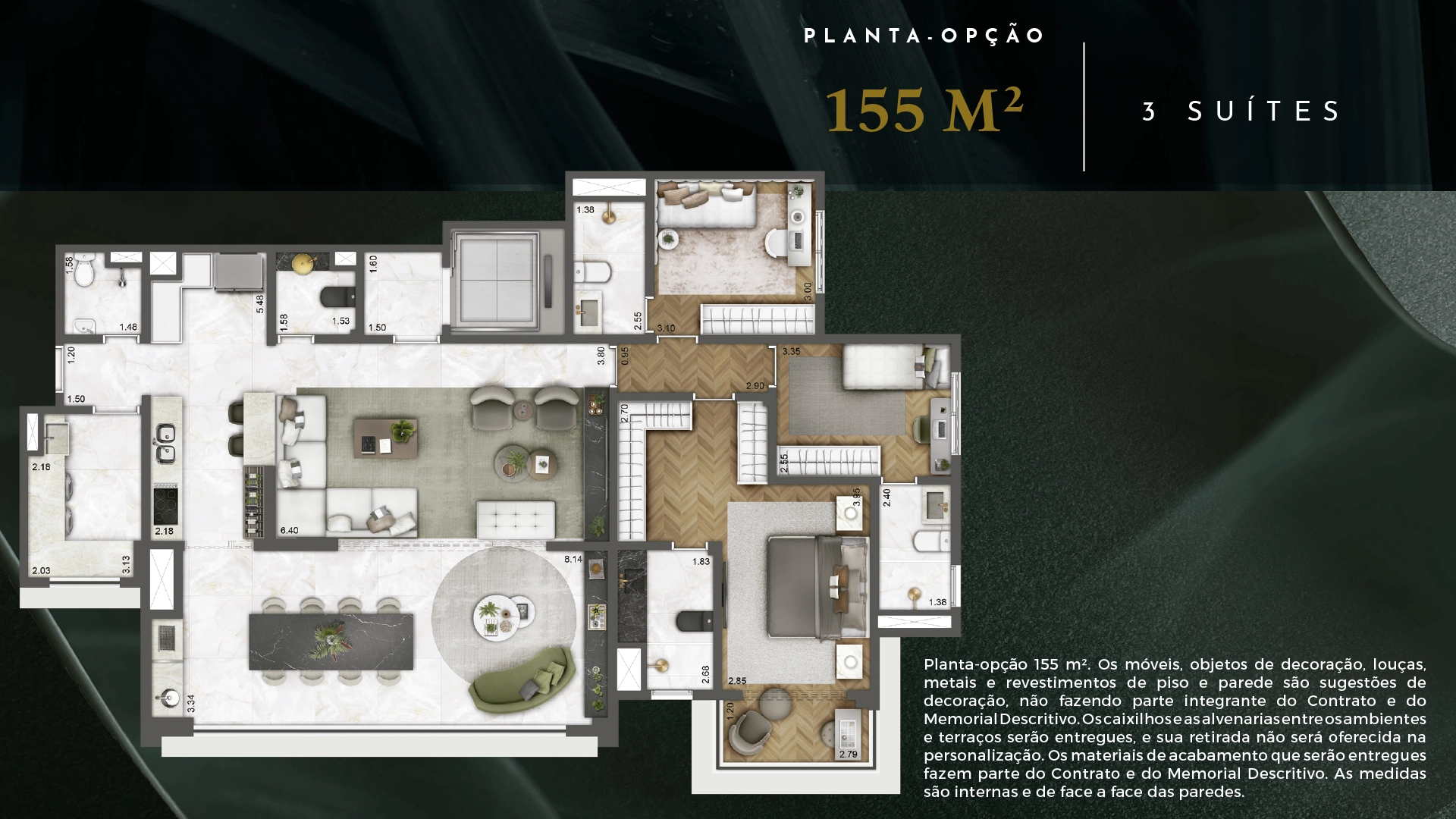 Planta opção de 155 m² - 3 suítes