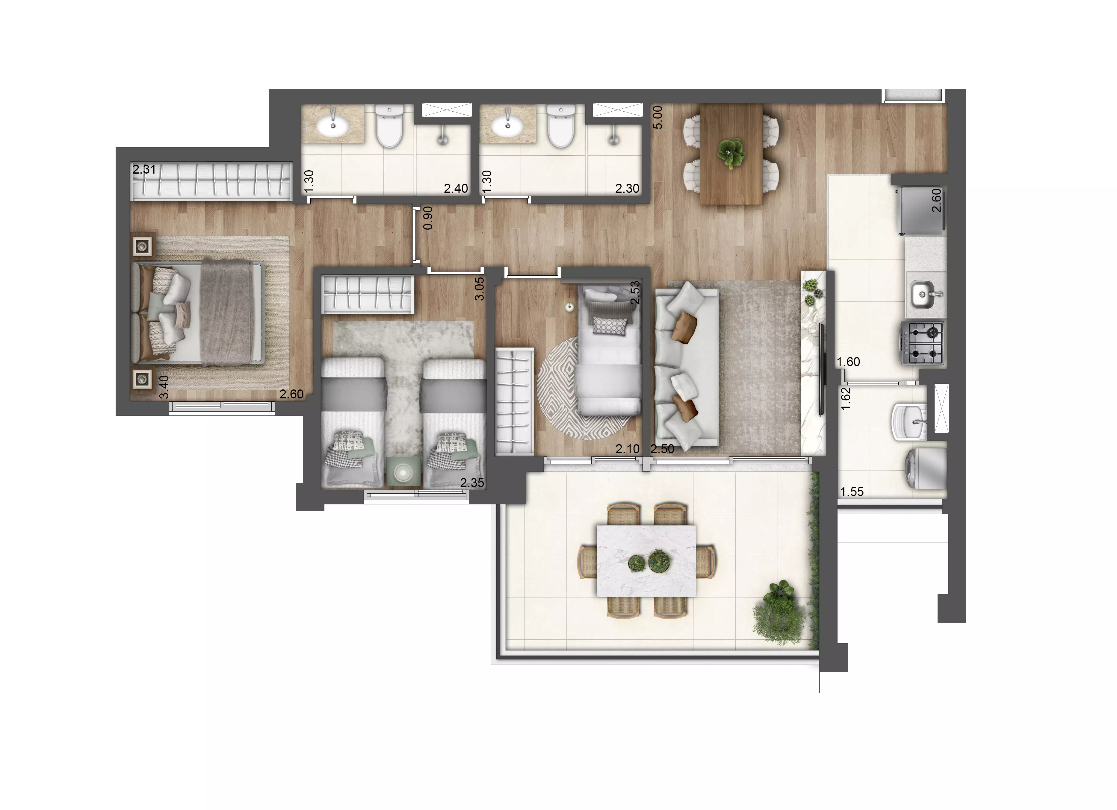 Planta tipo 75 m²