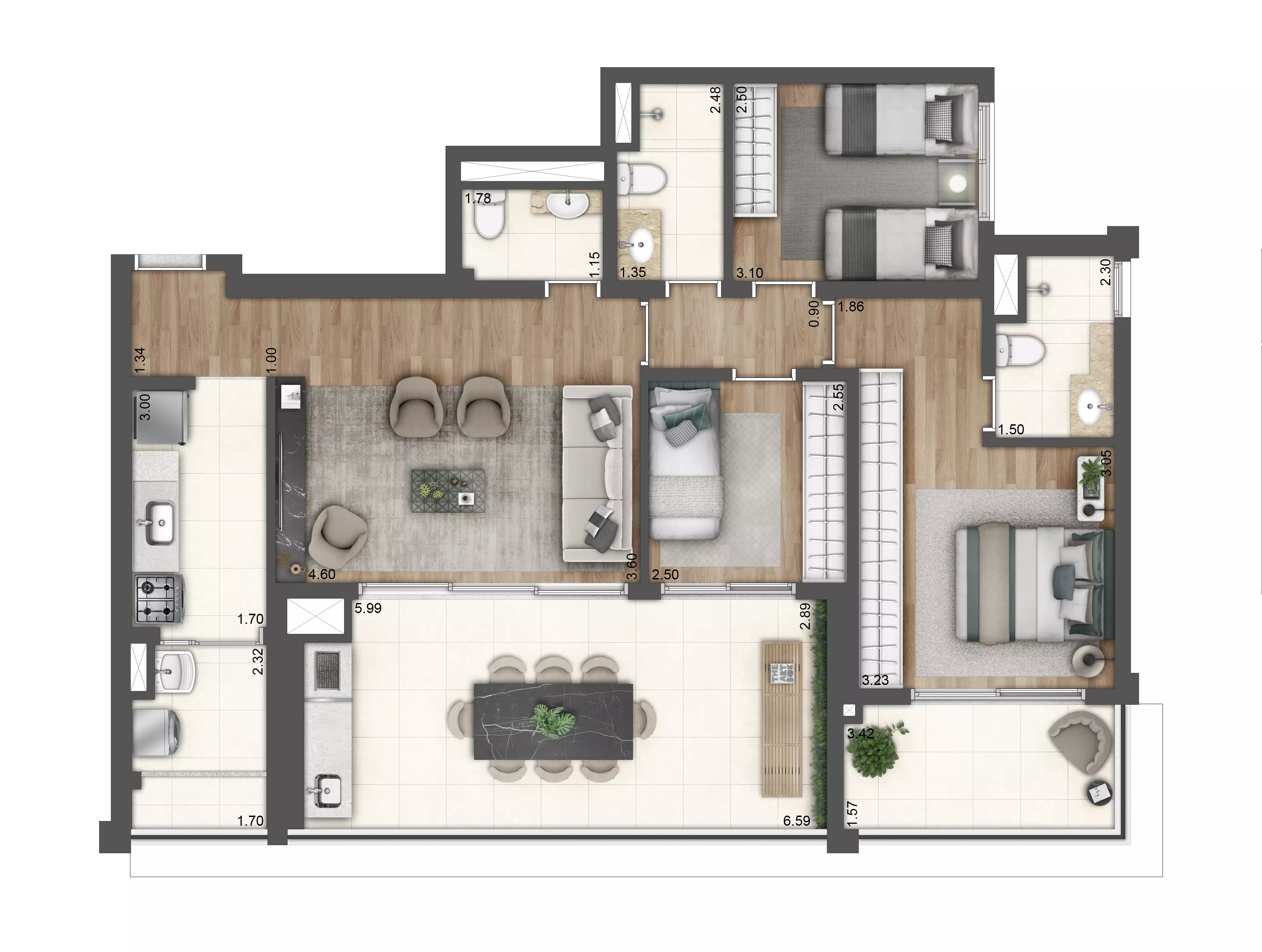 Planta opção 107 m² (3 dorms)